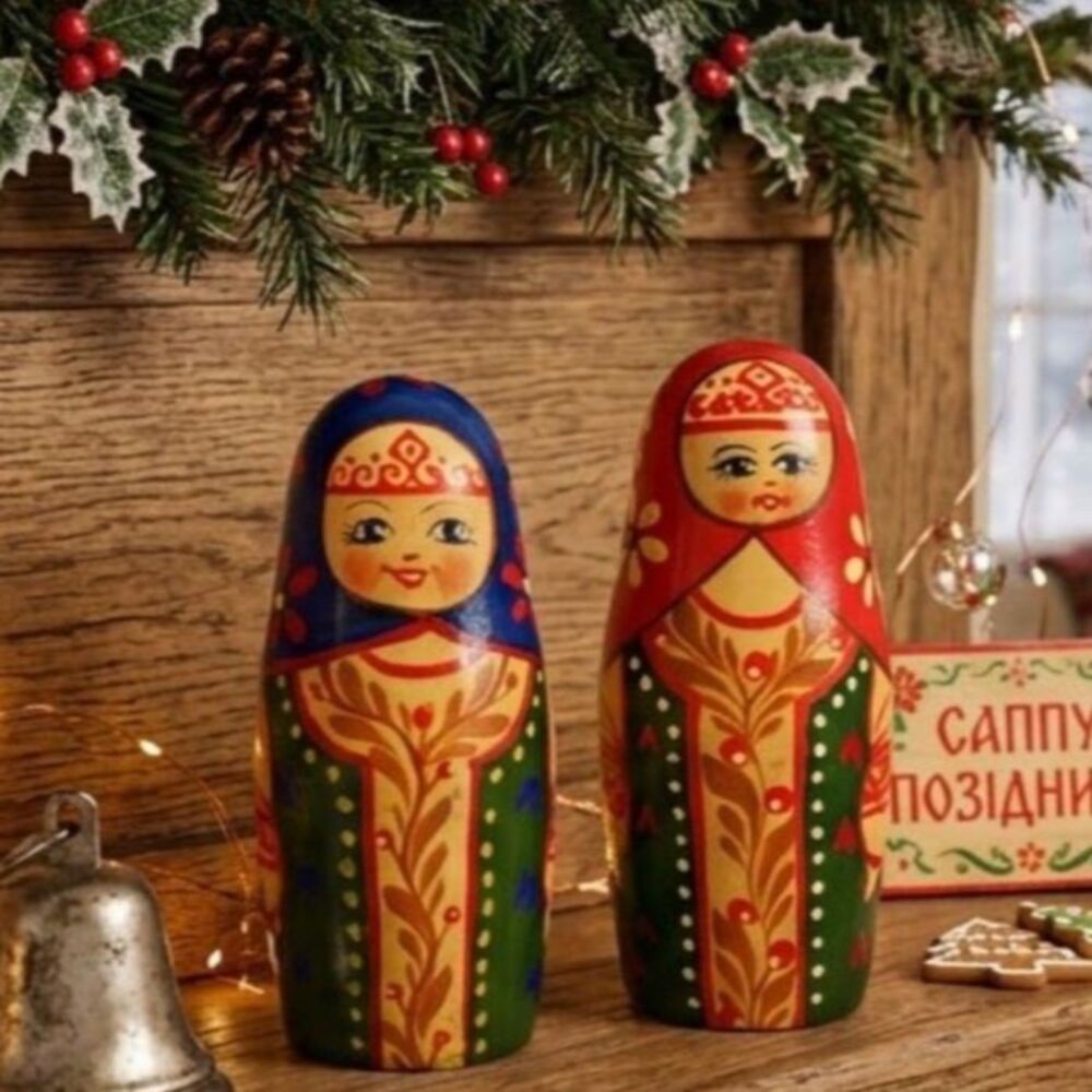 Matryoshka Russian Chime Doll Vintage Hand Painted Roly Poly Folk Art Set of 2